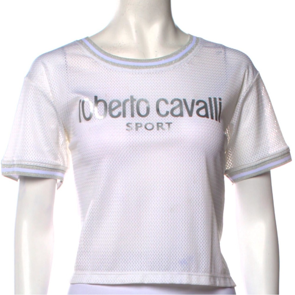 ROBERTO CAVALLI SPORT Crop top size small new with tags, white and silver mesh